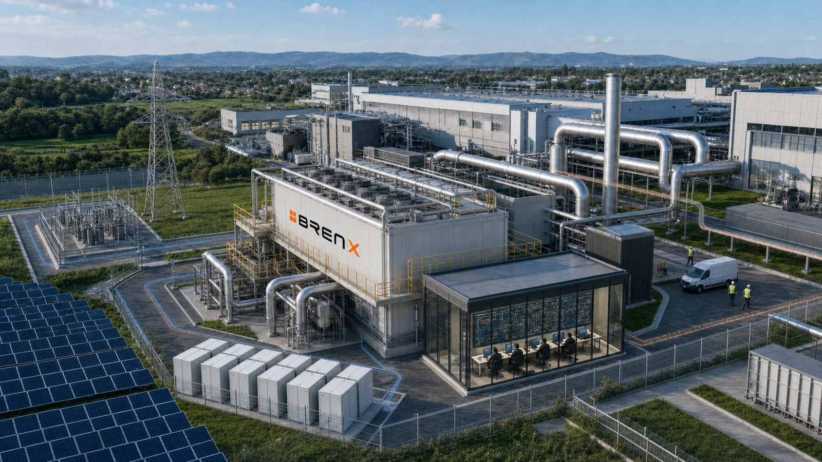 BrenX integrated industrial energy infrastructure connecting bGen™ thermal storage, the electricity grid, solar and battery assets, digital operations, and heat delivery to an industrial facility